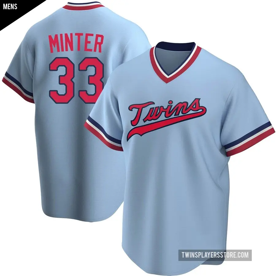 Men's Minnesota Twins ＃33 A.J. Minter Replica Light Blue Road Cooperstown Collection Jersey