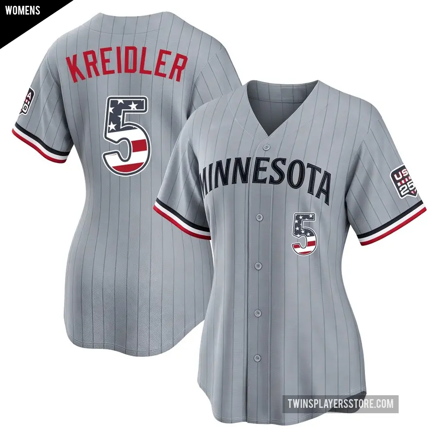 Women's Minnesota Twins ＃5 Ryan Kreidler Limited Gray USA 250 Fourth Of July Road Stadium Jersey