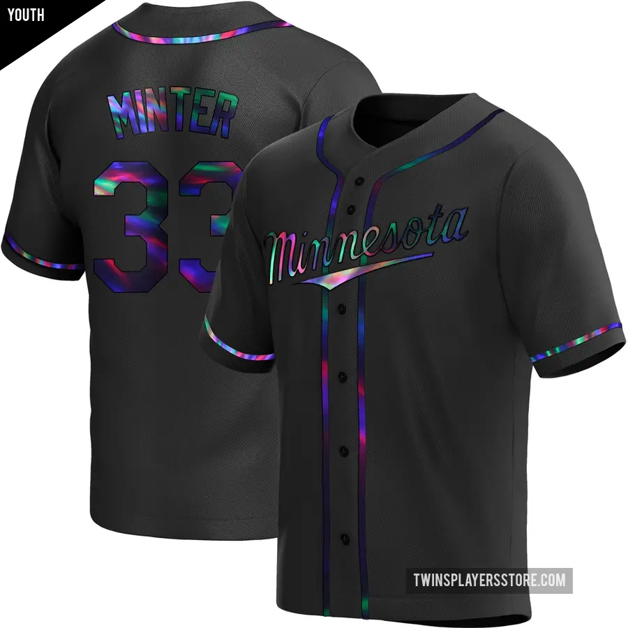 Youth Minnesota Twins ＃33 A.J. Minter Replica Black Holographic Alternate Jersey